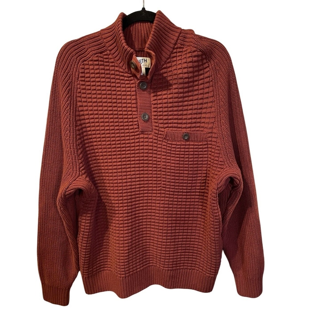 Duluth Trading Co Mens Large Rust Orange Waffle Knit Mock Neck Button‎ Sweater